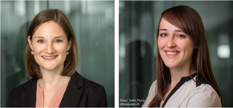 Professional Pictures of Sophia Volk and Valerie Hase, both stand in front of a green and blue blurry background and smile at the camera